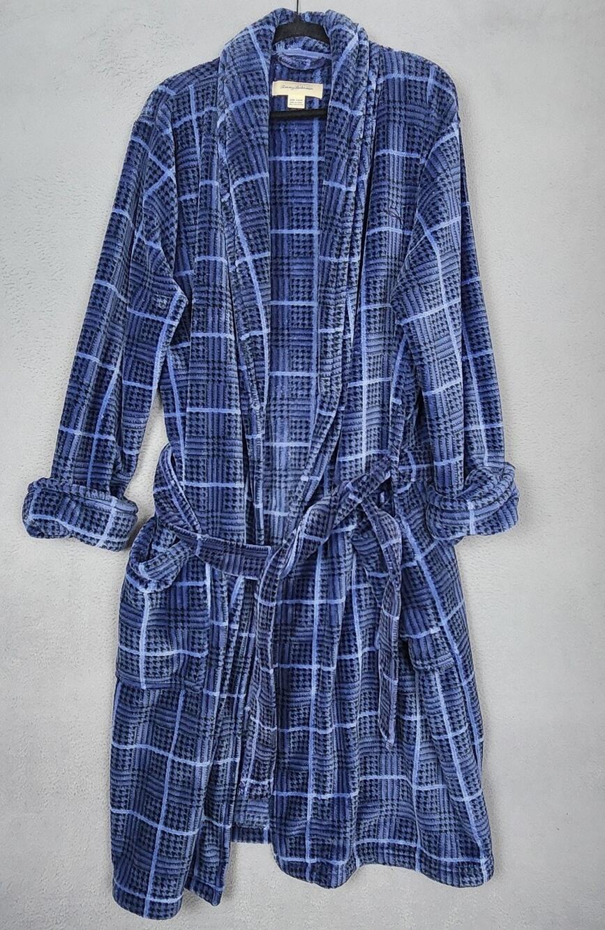 Tommy Bahama Robe Mens Medium Blue Plaid Fleece Belted Bathrobe Lounge